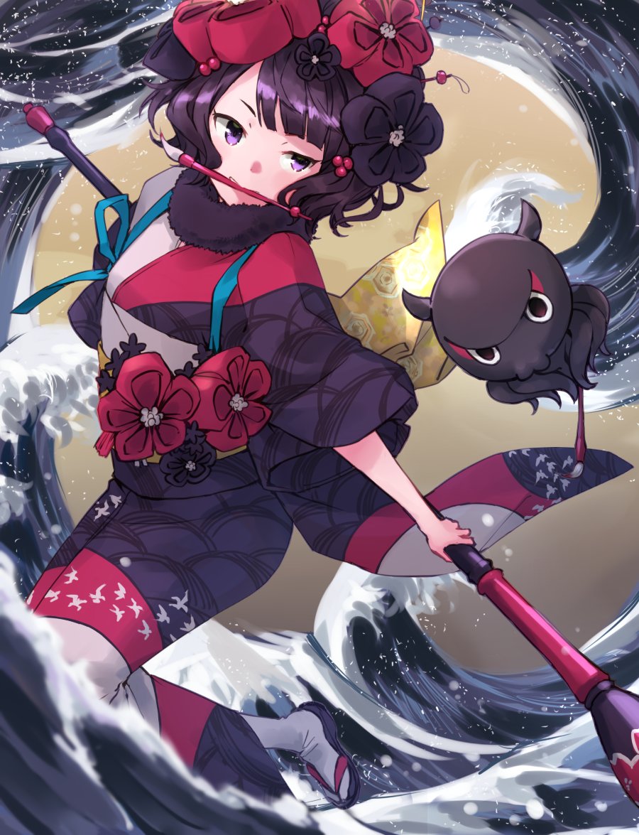 1girl black_hair fate/grand_order fate_(series) flower hair_flower hair_ornament hairpin japanese_clothes katsushika_hokusai_(fate/grand_order) kimono mouth_hold octopus paintbrush somechime_(sometime1209) violet_eyes waves