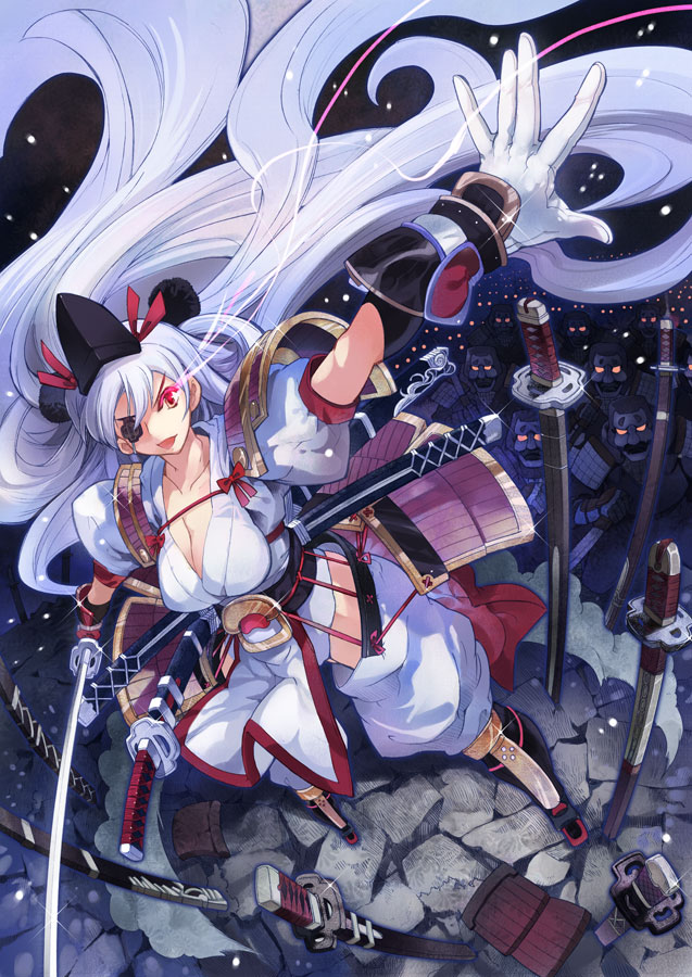 1girl blue_hair breasts character_request cleavage closed_mouth dress eyepatch gloves hair_ornament hat large_breasts long_hair momiji_mao multicolored multicolored_clothes multicolored_dress multicolored_footwear original outstretched_arm red_eyes samurai sword very_long_hair weapon white_gloves