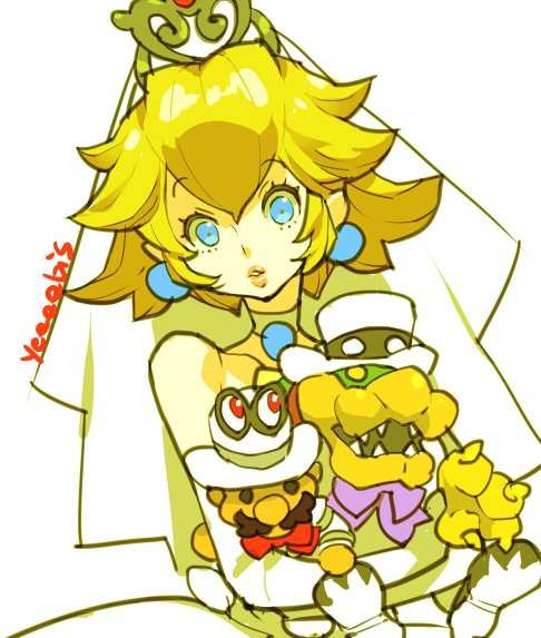 1girl blonde_hair blue_eyes bowser breasts brown_hair doll dress facial_hair gloves hat jewelry long_hair mario super_mario_bros. mustache princess_peach same_(g_shark) solo super_mario_bros. super_mario_odyssey toy veil wedding_dress white_gloves