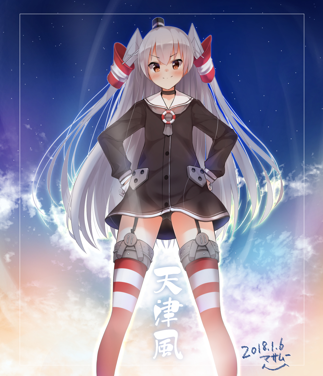 &gt;:) 1girl amatsukaze_(kantai_collection) backlighting black_choker black_hat black_panties blush brown_eyes brown_shirt choker clouds dated garter_straps gloves gluteal_fold hair_tubes hands_on_hips hat highres kantai_collection legs_apart long_hair long_sleeves looking_at_viewer masamuuu mini_hat morning no_pants outdoors panties pantyshot pantyshot_(standing) sailor_collar shirt signature silver_hair sky solo standing star_(sky) starry_sky straight_hair striped striped_legwear sunrise translation_request two_side_up underwear v-shaped_eyebrows very_long_hair white_gloves white_sailor_collar