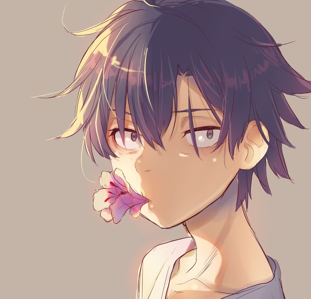 1boy black_eyes black_hair close-up cr-r flower flower_in_mouth hikigaya_hachiman looking_at_viewer male_focus mouth_hold shade solo yahari_ore_no_seishun_lovecome_wa_machigatteiru.