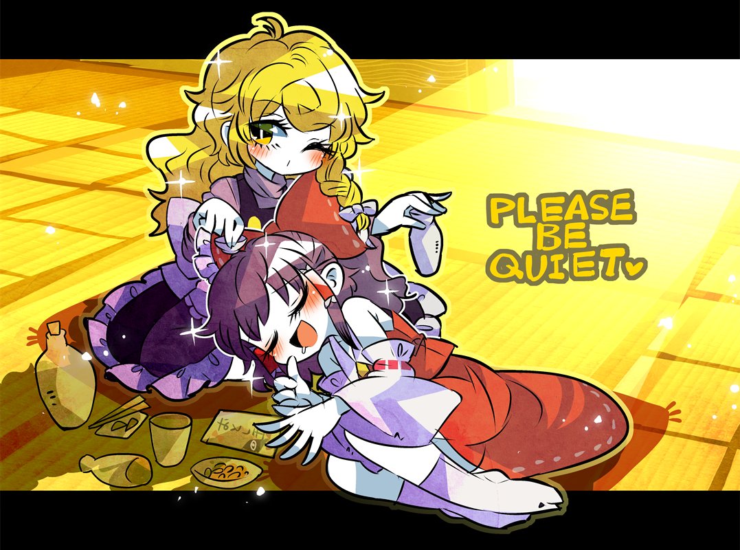 2girls :d bangs blonde_hair blush bow braid brown_hair choko_(cup) chopsticks closed_eyes commentary_request cup detached_sleeves drooling english eyebrows_visible_through_hair full_body hair_bow hakurei_reimu holding indoors kirisame_marisa letterboxed light long_hair long_sleeves looking_at_viewer lying multiple_girls on_side one_eye_closed open_mouth red_bow red_skirt shadow side_braid single_braid skirt skirt_set sleeping smile socks sparkle tatami tokkuri touhou white_bow white_legwear wide_sleeves yellow_eyes yt_(wai-tei) zabuton