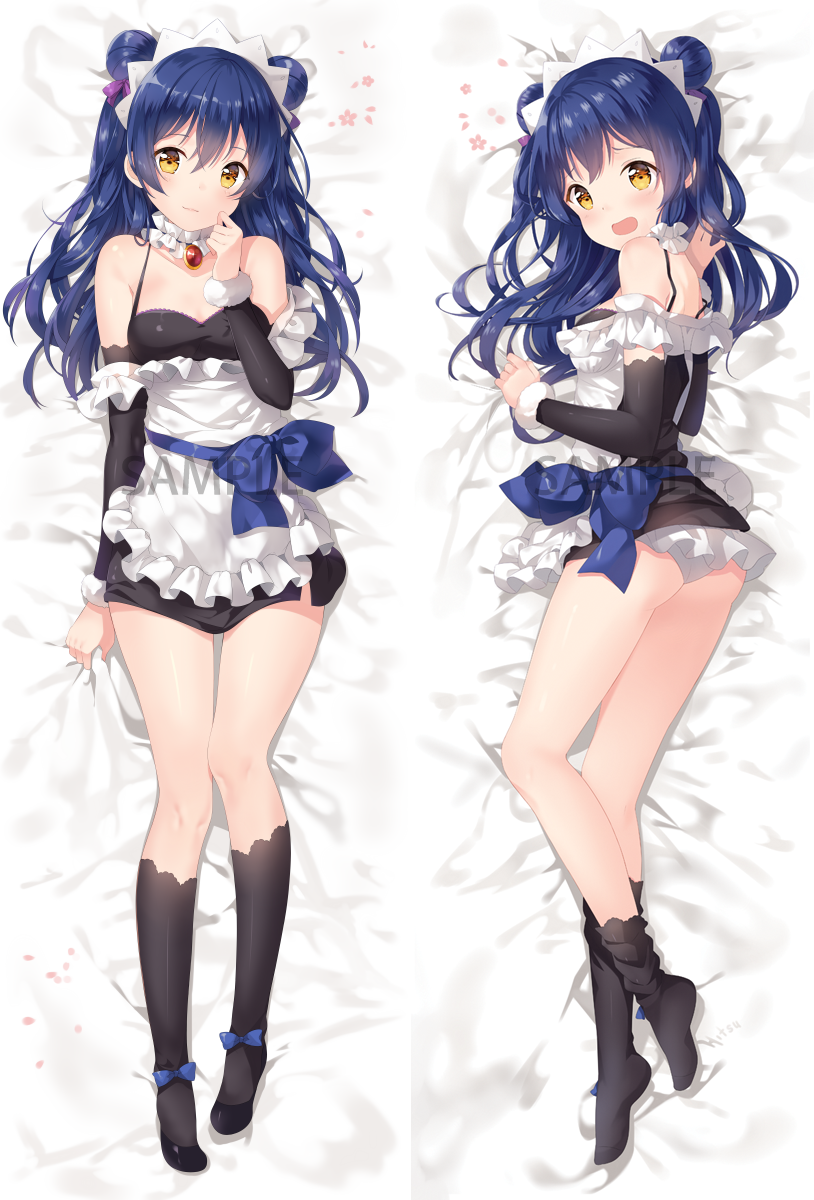 1girl apron bangs bed_sheet blue_hair blue_ribbon blush body_pillow commentary dakimakura detached_sleeves double_bun full_body hair_between_eyes hair_bun highres hitsukuya long_hair looking_at_viewer love_live! love_live!_school_idol_project lying maid maid_apron maid_headdress mogyutto_"love"_de_sekkin_chuu! multiple_views on_back on_side open_mouth panties ribbon sample solo sonoda_umi underwear white_panties yellow_eyes