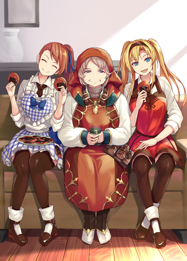 3girls ^_^ alternate_costume beatrix_(granblue_fantasy) black_legwear blonde_hair blue_eyes brown_hair character_request closed_eyes commentary_request full_body girl_sandwich granblue_fantasy hairband head_tilt hinami_(hinatamizu) long_hair long_sleeves looking_at_viewer multiple_girls sandwiched side_ponytail sitting smile thigh-highs twintails zeta_(granblue_fantasy)