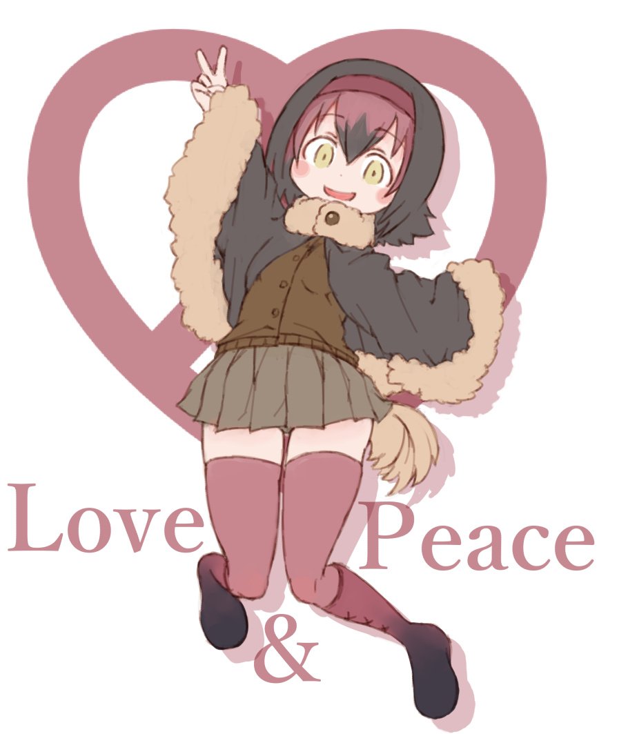 1girl :d bangs bird_tail black_footwear black_hair blush breasts brown_sweater buttons dodo_(kemono_friends) dot_nose english eyebrows eyebrows_visible_through_hair facing_away full_body fur_collar fur_trim gradient grey_skirt hair_between_eyes hairband heart kemono_friends kolshica legs_apart looking_at_viewer miniskirt multicolored multicolored_clothes multicolored_footwear multicolored_hair open_mouth peace_symbol pink_footwear pink_hair pink_legwear pleated_skirt poncho red_hairband short_hair silhouette simple_background skirt small_breasts smile solo sweater tail tareme thigh-highs two-tone_hair v white_background yellow_eyes zettai_ryouiki