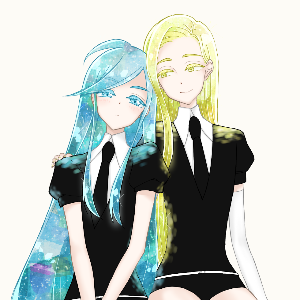 2others alexandrite_(houseki_no_kuni) androgynous black_neckwear blonde_hair blue_eyes blue_hair chrysoberyl_(houseki_no_kuni) collared_shirt colored_eyelashes commentary_request crystal_hair gem_uniform_(houseki_no_kuni) houseki_no_kuni leaning_on_person long_hair looking_at_another necktie pale_skin puffy_short_sleeves puffy_sleeves shirt short_sleeves simple_background smile sou_(mgn) tareme uniform very_long_hair yellow_eyes
