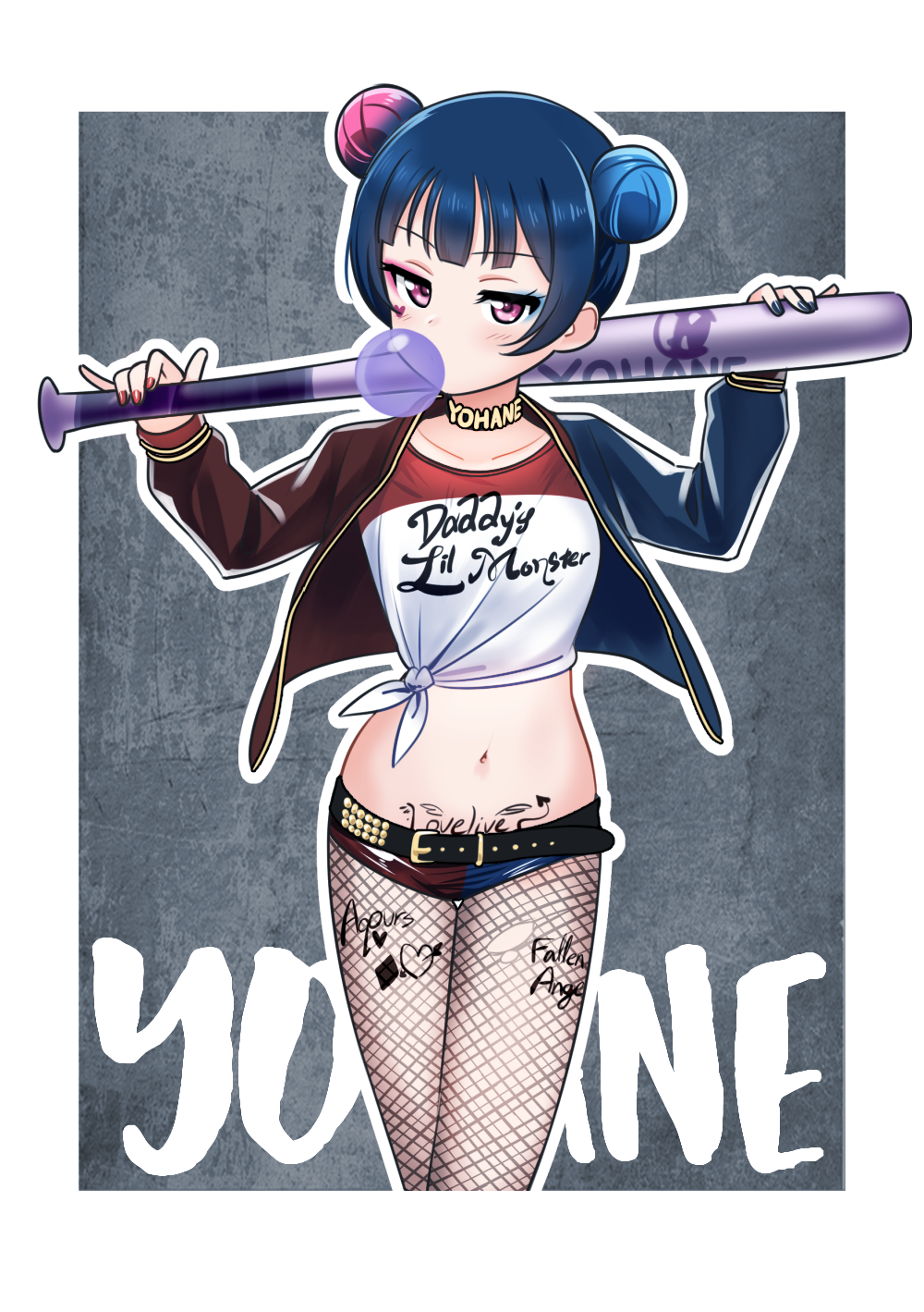 baseball_bat belt black_hair body_writing chewing_gum cosplay deadnooodles double_bun eyeshadow fishnet_pantyhose fishnets harley_quinn harley_quinn_(cosplay) highres jacket love_live! love_live!_sunshine!! makeup navel pantyhose tattoo tsushima_yoshiko violet_eyes