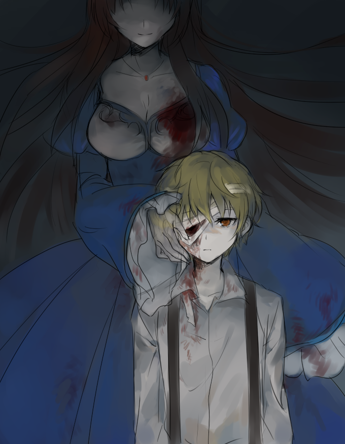 1boy 1girl aaniko bandage_over_one_eye blood blood_on_face bloody_clothes blue_dress breasts brown_hair cleavage closed_mouth collarbone collared_shirt dio_(mad_father) dress expressionless frilled_sleeves frills ghost hand_on_another's_cheek hand_on_another's_face jewelry large_breasts long_hair long_sleeves looking_at_viewer mad_father missing_eye monika_drevis necklace shaded_face shirt short_hair sketch sleeves_past_wrists smile spoilers suspenders very_long_hair white_shirt wing_collar