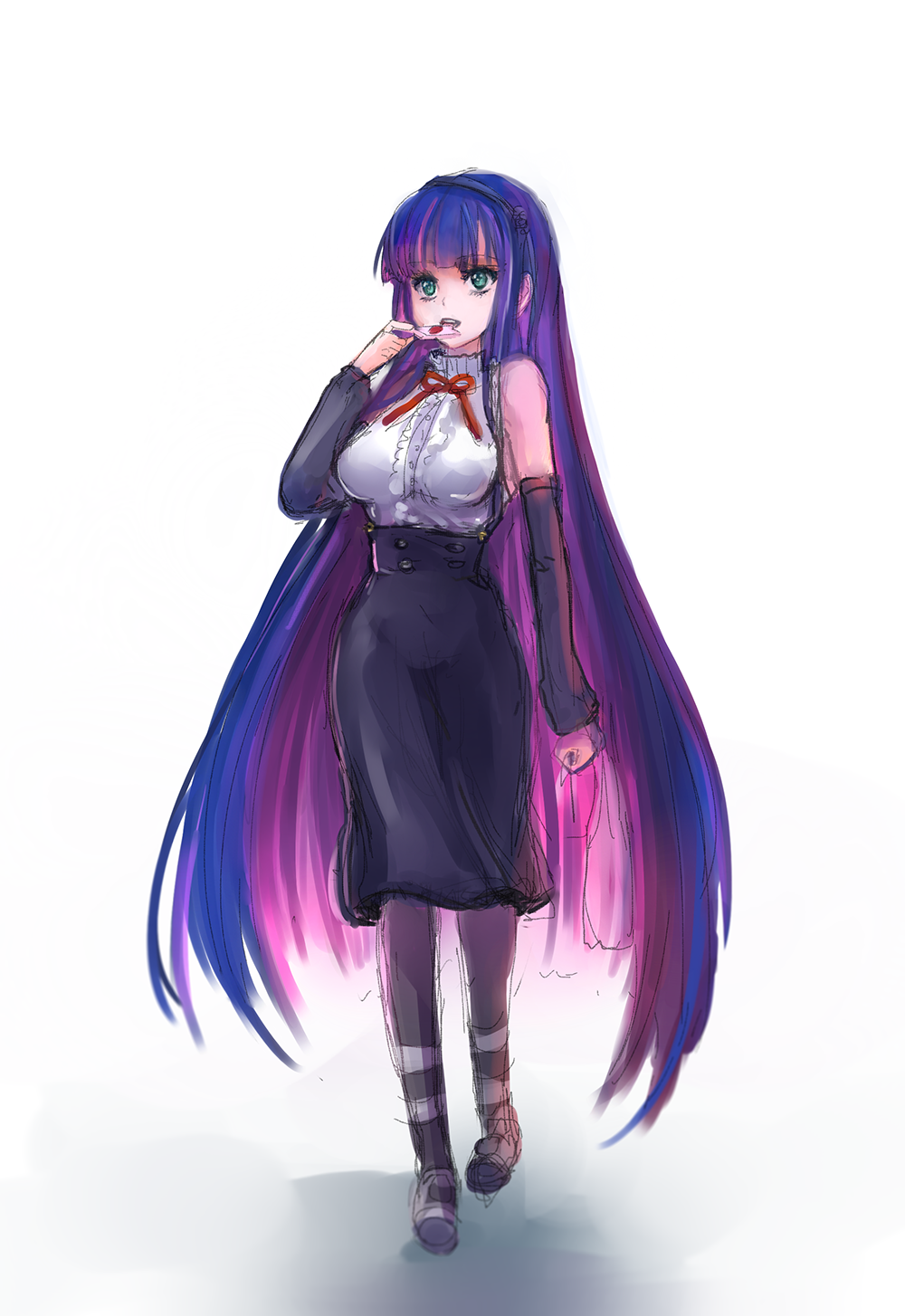 breasts ch2o-o2hc cosplay dagashi_kashi dress green_eyes highres large_breasts long_hair multicolored_hair panty_&amp;_stocking_with_garterbelt pantyhose pink_hair purple_hair shidare_hotaru shidare_hotaru_(cosplay) stocking_(psg) suspenders very_long_hair