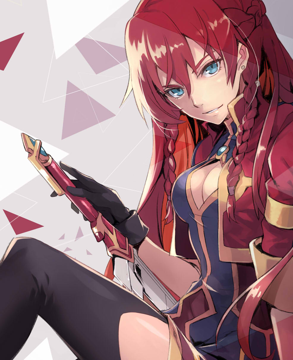 1girl bangs black_gloves black_legwear blue_eyes blue_jacket braid breasts character_request cleavage commentary_request earrings gloves grin hair_between_eyes highres holding holding_sword holding_weapon jacket jewelry large_breasts lips long_hair looking_at_viewer parted_lips pink_lips pokimari re:creators redhead selesia_upitiria short_sleeves sitting smile solo sword thigh-highs weapon