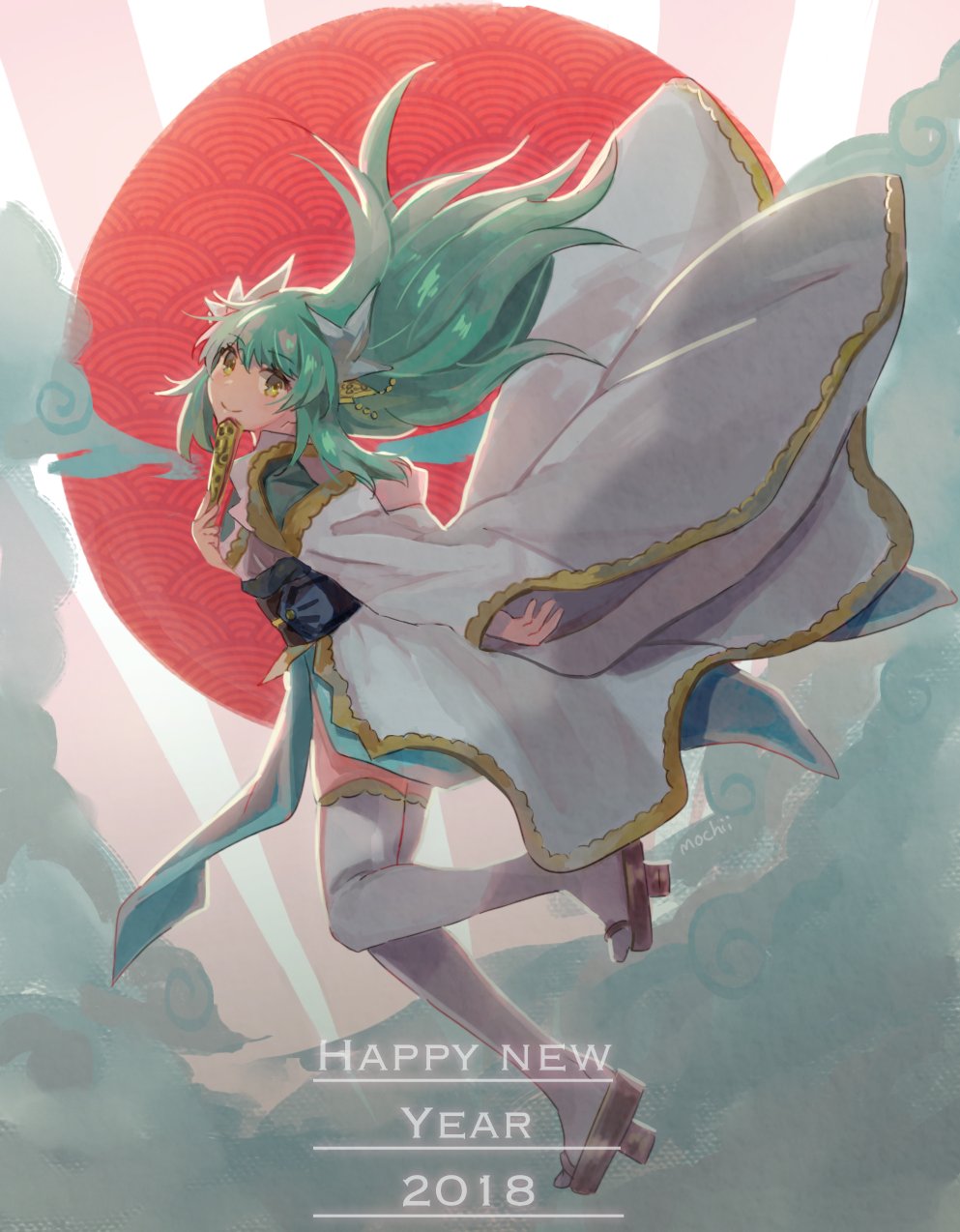 1girl 2018 bangs clouds commentary english eyebrows_visible_through_hair fan fan_to_mouth fate/grand_order fate_(series) folding_fan green_hair hair_ornament happy_new_year highres holding holding_fan horns japanese_clothes japanese_flag kimono kiyohime_(fate/grand_order) long_hair long_sleeves looking_at_viewer mochii new_year obi pelvic_curtain sandals sash smile solo thigh-highs white_legwear wide_sleeves yellow_eyes