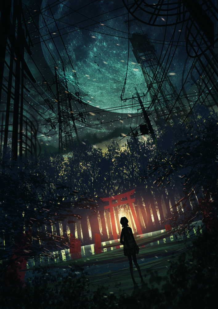 1girl commentary_request full_moon lake moon night night_sky original outdoors power_lines scenery silhouette sky solo standing sunset torii transmission_tower tree zennmai_siki