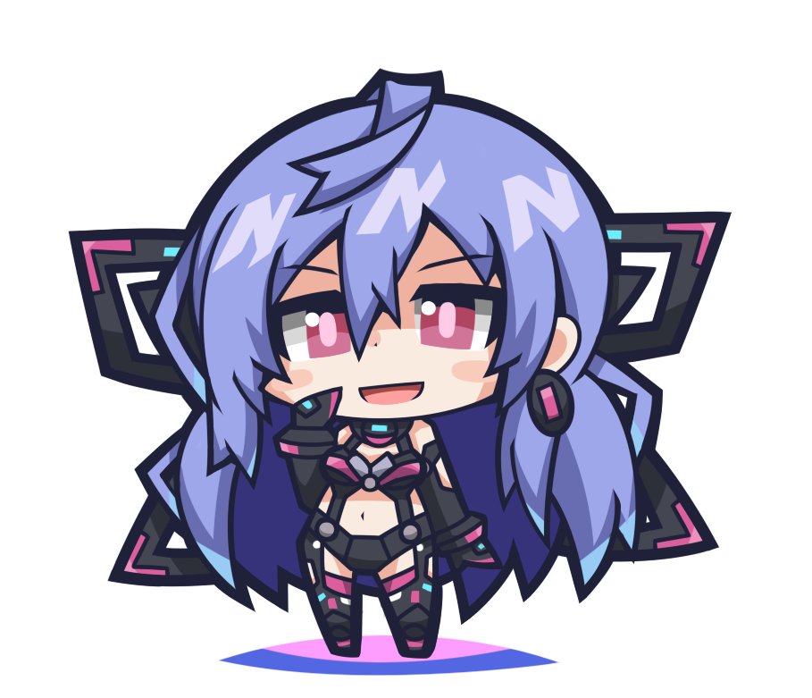 1girl :d bangs black_gloves black_legwear black_panties black_shirt black_wings blush_stickers bright_pupils chibi crop_top earrings elbow_gloves eyebrows eyebrows_visible_through_hair full_body garter_straps gloves hair_between_eyes halter_top halterneck hand_to_own_mouth iris_heart jewelry kami_jigen_game_neptune_v legs_apart long_hair mechanical_wings mojinchin navel neptune_(series) open_mouth panties pink_eyes pink_pupils purple_hair shirt simple_background single_earring smile solo standing stomach tank_top thigh-highs tsurime underwear white_background wings