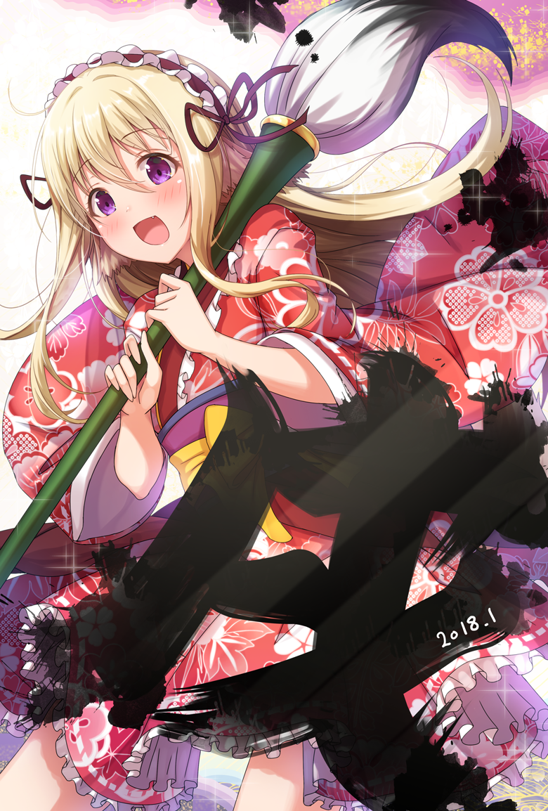 1girl :d bangs blonde_hair blush calligraphy_brush commentary_request dated eyebrows_visible_through_hair fang floral_print frilled_hairband frilled_kimono frills hair_between_eyes holding_brush ink japanese_clothes kimono long_hair long_sleeves looking_away matokechi nengajou new_year obi open_mouth original oversized_object paintbrush print_kimono red_kimono sash smile solo very_long_hair violet_eyes wide_sleeves