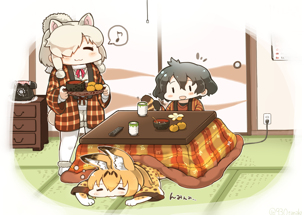 3girls :3 :d =_= alpaca_suri_(kemono_friends) animal_ears bangs black_hair blush_stickers bowl cabinet closed_mouth commentary_request controller corded_phone cup elbow_gloves electric_socket eyebrows_visible_through_hair food fruit fur_collar fur_trim gloves grey_shorts indoors jacket japanese_clothes kaban_(kemono_friends) kemono_friends kimono kotatsu long_sleeves mandarin_orange multiple_girls musical_note neck_ribbon open_mouth orange_hair pantyhose phone ponytail red_shirt remote_control ribbon serval_(kemono_friends) serval_ears serval_print shirt short_hair shorts silver_hair smile solid_oval_eyes speech_bubble spoken_musical_note standing table tanaka_kusao under_kotatsu under_table white_legwear