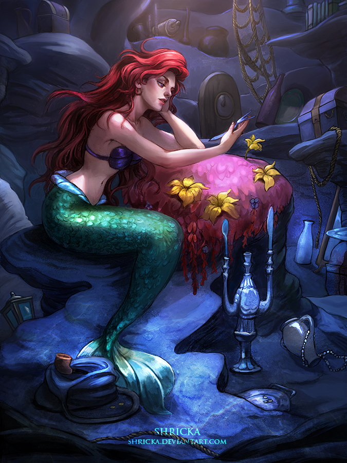 1girl ariel_(disney) bikini_top bottle candelabra cave chin_rest clock disney flower fork jar long_hair mermaid monster_girl pipe plate redhead rope_ladder shell shell_bikini shricka sitting solo the_little_mermaid treasure_chest wavy_hair