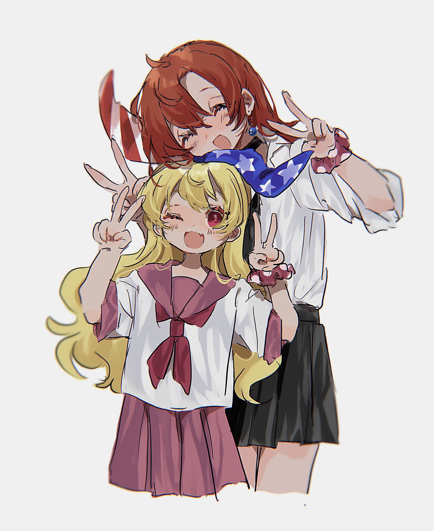 2girls ayahi_4 black_necktie black_shirt black_skirt blonde_hair blush closed_eyes clownpiece double_v earrings fang hair_between_eyes hecatia_lapislazuli highres jewelry long_hair multiple_girls neckerchief necktie one_eye_closed open_mouth pink_skirt pleated_skirt red_eyes red_neckerchief redhead scrunchie shirt short_hair short_sleeves simple_background skin_fang skirt smile touhou v white_background wrist_scrunchie