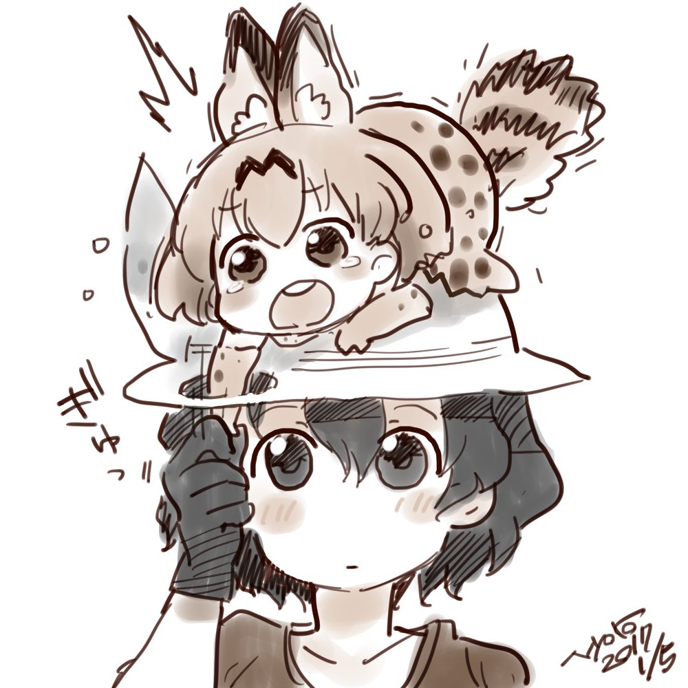 /\/\/\ 2girls :o animal_ears black_eyes black_gloves black_hair blush bucket_hat chibi dated derivative_work gloves grabbing hat hat_feather kaban_(kemono_friends) kemono_friends limited_palette looking_up minigirl multiple_girls nyororiso_(muyaa) on_head serval_(kemono_friends) serval_ears serval_print serval_tail short_hair simple_background sketch tail tears white_background