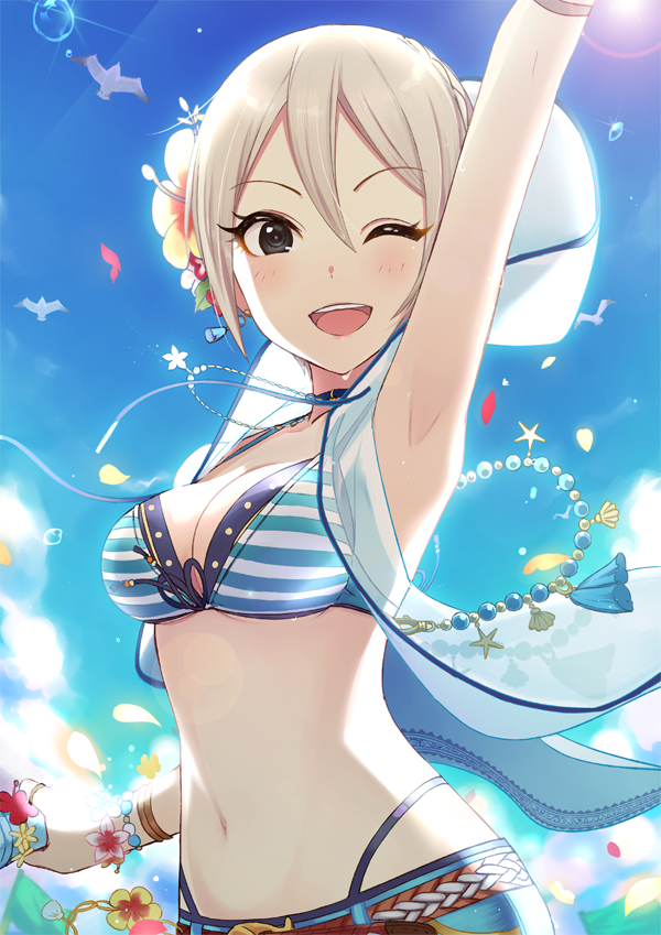 1girl :d arm_up armpits bead_necklace beads belt bikini bikini_top bird blue_sky breasts choker cleavage cutoffs day denim denim_shorts earrings eyebrows_visible_through_hair flower front-tie_bikini front-tie_top grey_hair haikimono_shounen hair_flower hair_ornament happy hood hoodie idolmaster idolmaster_cinderella_girls jewelry layered_bikini looking_at_viewer medium_breasts multi-strapped_bikini necklace one_eye_closed open_mouth outdoors shiomi_shuuko short_hair short_shorts shorts sky sleeveless sleeveless_hoodie smile solo striped striped_bikini sun sunlight swimsuit under_boob