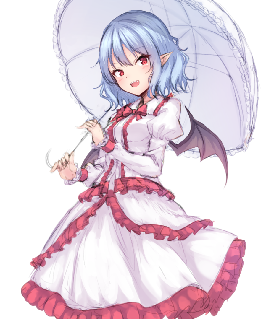 1girl :d alternate_costume bat_wings black_wings blue_hair blush bow bowtie breasts cowboy_shot dress eyebrows_visible_through_hair fang frilled_dress frilled_sleeves frills juliet_sleeves junior27016 long_sleeves looking_at_viewer no_hat no_headwear open_mouth parasol pointy_ears puffy_sleeves red_bow red_eyes red_neckwear remilia_scarlet short_hair simple_background small_breasts smile solo standing touhou umbrella white_background white_dress wings