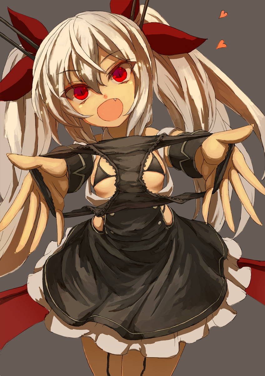 &gt;:d 1girl azur_lane black_bikini_top black_dress black_panties dress fang flat_chest garter_straps grey_background grey_hair hair_ribbon head_tilt heart highres holding holding_panties looking_at_viewer osabachan panties presenting_panties red_eyes ribbon slit_pupils solo twintails underwear vampire_(azur_lane)