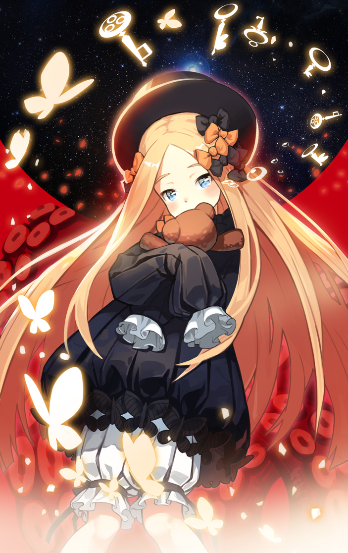 1girl abigail_williams_(fate/grand_order) bangs black_bow black_dress black_hat blonde_hair bloomers blue_eyes blush bow butterfly commentary_request covered_mouth dress fate/grand_order fate_(series) forehead hair_bow hat key lim_jaejin long_hair long_sleeves looking_at_viewer object_hug orange_bow parted_bangs sleeves_past_wrists solo stuffed_animal stuffed_toy suction_cups teddy_bear tentacle underwear very_long_hair white_bloomers
