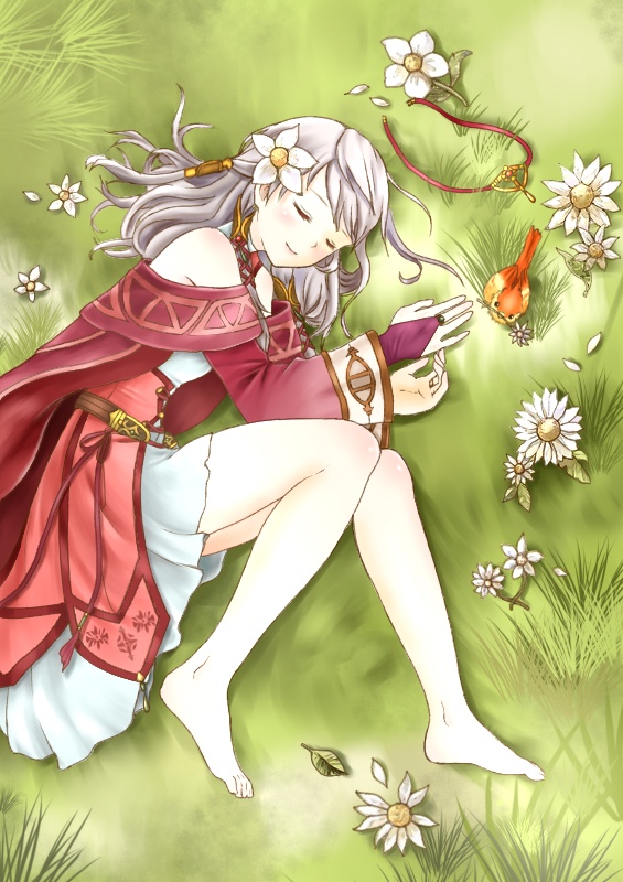 1girl animal bird clenched_hand derivative_work elbow_gloves fire_emblem fire_emblem:_akatsuki_no_megami gloves grass long_hair looking_at_viewer lying micaiah nuts0415 on_side outdoors silver_hair solo