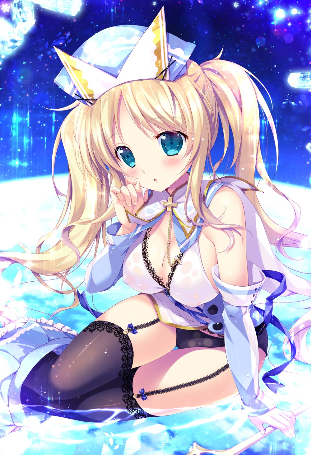 1girl aqua_eyes arm_support bangs black_legwear black_panties blonde_hair blush breasts cleavage clothes_removed commentary_request elbow_gloves erect_nipples eyebrows_visible_through_hair fingernails frills garter_straps gloves hat highres iiris_(sennen_sensou_aigis) large_breasts long_hair mikeou panties parted_lips partially_submerged sennen_sensou_aigis shiny sitting skirt sleeveless solo sparkle twintails underwear water wet wet_clothes