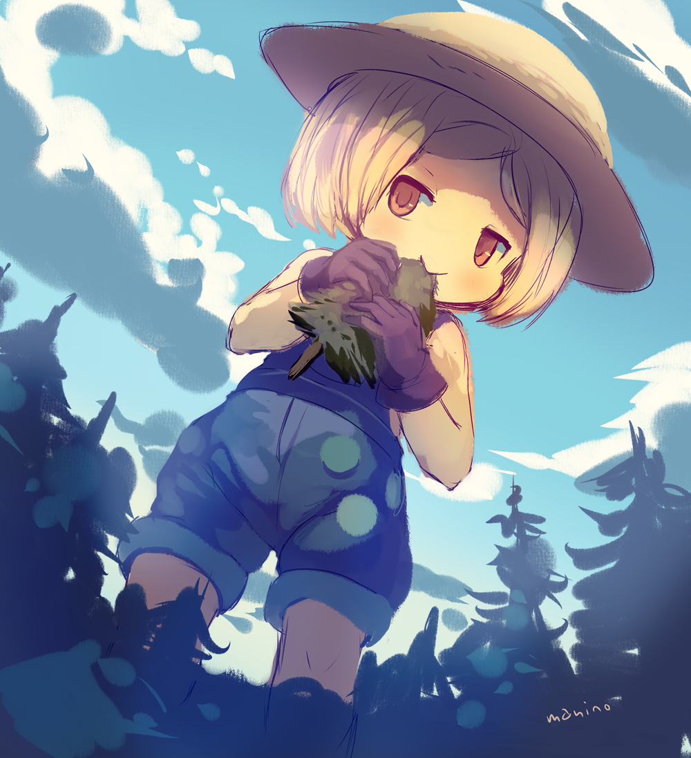 1girl :&gt; bangs bare_arms blonde_hair blue_sky brown_gloves chibi clouds commentary_request cowboy_shot day dutch_angle eating fate/grand_order fate_(series) forest giantess gloves hat jitome looking_at_viewer manino_(mofuritaionaka) nature outdoors overalls parted_bangs paul_bunyan_(fate/grand_order) pine_tree red_eyes signature sky solo standing straw_hat tree