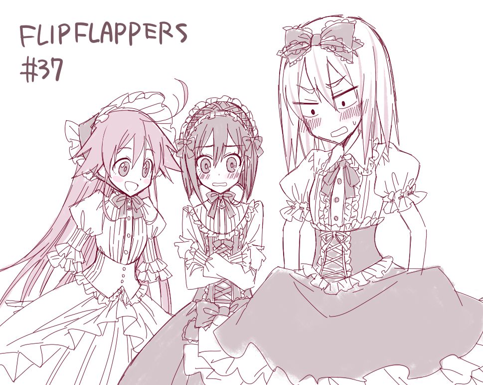 blush blush_stickers bonnet bow crossed_arms dress embarrassed flip_flappers frilled_bow frilled_dress frilled_hairband frills hairband kokomine_cocona lolita_fashion lolita_hairband monochrome papika_(flip_flappers) puffy_short_sleeves puffy_sleeves ribbon-trimmed_sleeves ribbon_trim short_sleeves simple_background sou_(mgn) sweatdrop wavy_mouth white_background yayaka