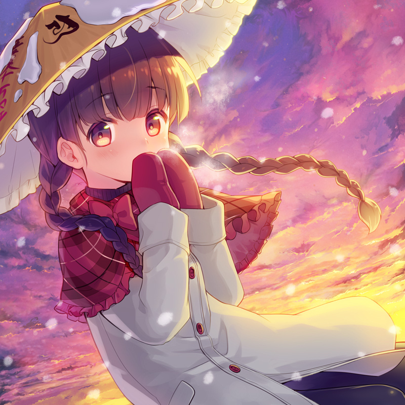 1girl ajirogasa bangs blunt_bangs blush bow braid breath brown_hair clothes_writing clouds cloudy_sky cold covering_mouth dutch_angle evening eyebrows_visible_through_hair frilled_capelet frilled_hat frills gradient_sky grey_coat hat long_hair long_sleeves looking_at_viewer minamura_haruki mittens outdoors own_hands_together plaid red_bow red_capelet red_eyes red_mittens sky snow snowing solo sunlight sunset tareme touhou twin_braids upper_body yatadera_narumi