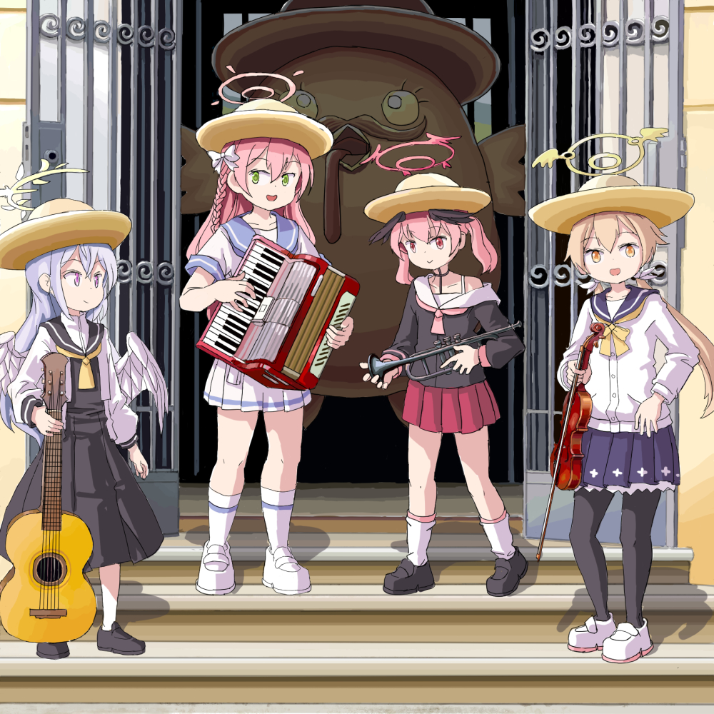 4girls accordion acoustic_guitar angel_wings azusa_(blue_archive) black_footwear black_pantyhose black_wings blue_archive bow braid brown_hair choker collarbone commentary_request feathered_wings full_body green_eyes guitar hair_between_eyes hair_bow hair_ribbon halo hanako_(blue_archive) hat head_wings hifumi_(blue_archive) holding holding_instrument instrument kneehighs koharu_(blue_archive) long_hair long_sleeves looking_at_viewer low_twintails mariachi multiple_girls music open_door pantyhose peroro_(blue_archive) pink_eyes pink_hair playing_instrument pleated_skirt ribbon school_uniform serafuku shoes short_sleeves sidelocks single_braid sixten skirt socks sombrero spanish_commentary stairs standing statue trumpet twintails violet_eyes violin white_footwear white_hair white_socks white_wings wing_hair_ornament wings yellow_eyes