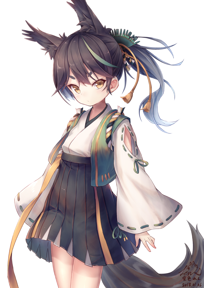 1girl :/ animal_ears artist_name azur_lane bangs black_hair cowboy_shot dated fox_ears fox_tail hair_ornament hakama_skirt japanese_clothes long_hair long_sleeves looking_at_viewer matsukaze_(azur_lane) multicolored_hair ponytail ribbon-trimmed_sleeves ribbon_trim signature simple_background solo sorairo_len standing tail v-shaped_eyebrows white_background wide_sleeves yellow_eyes