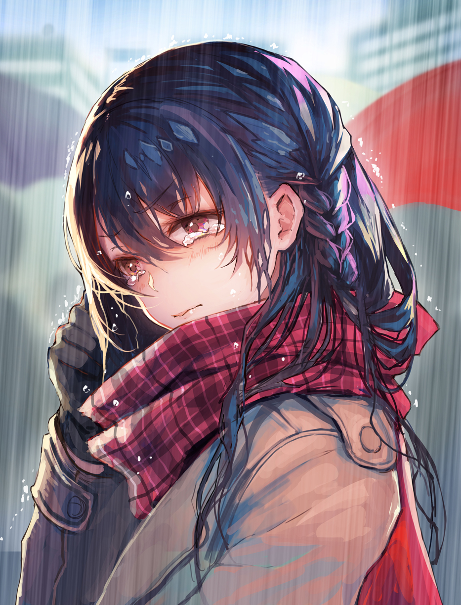 1girl bangs black_gloves black_hair blurry blurry_background blush braid brown_coat closed_mouth coat crying crying_with_eyes_open depth_of_field eyebrows_visible_through_hair frown gloves hand_up head_tilt highres long_hair long_sleeves original pink_eyes rain red_scarf scarf shiny shiny_hair side_braid solo_focus tamarashi tearing_up tears upper_body v-shaped_eyebrows water wet wet_clothes wet_hair