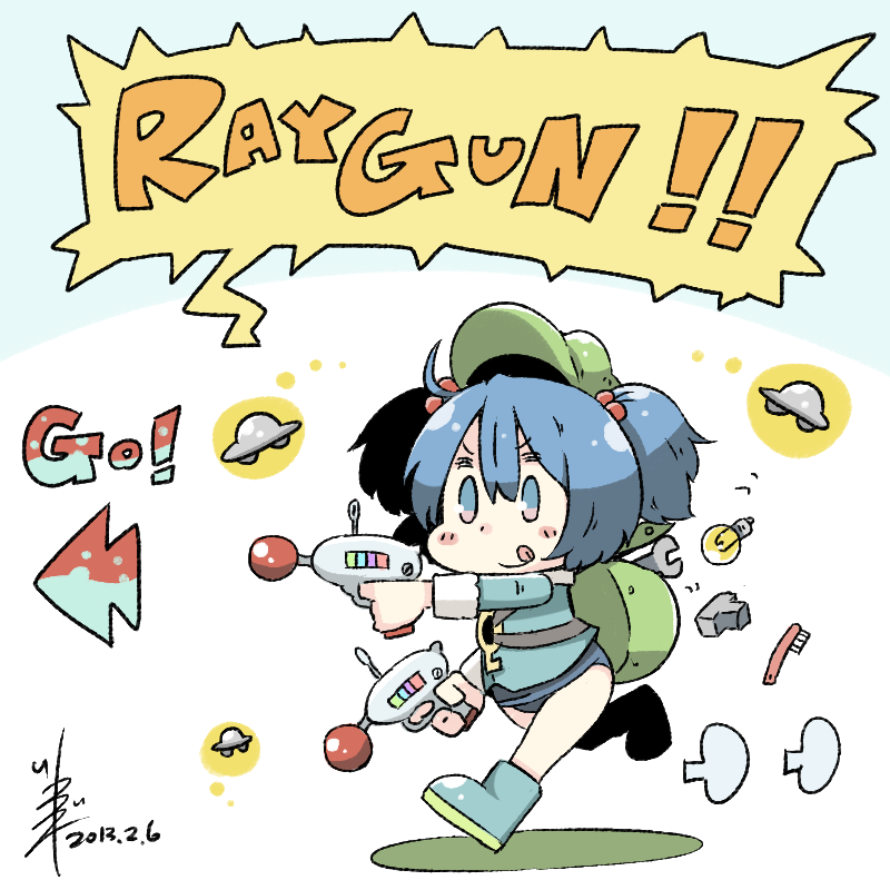 &gt;:) 1girl :q backpack bag blue_eyes blue_hair blush_stickers chibi commentary_request dated directional_arrow dual_wielding energy_gun english full_body hair_between_eyes hair_bobbles hair_ornament kawashiro_nitori key light_bulb long_sleeves puzzle_piece ray_gun running short_hair short_twintails simple_background solo tongue tongue_out toothbrush touhou tsukigi twintails ufo weapon white_background wrench