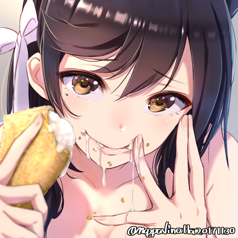 1girl 2017 animal_ears atago_(azur_lane) azur_lane bangs black_hair blush breasts collarbone dated dog_ears eyebrows eyebrows_visible_through_hair facing_viewer fingernails food hair_ribbon hand_on_own_face holding holding_food lips long_hair looking_at_viewer mappaninatta mole mole_under_eye nude orange_eyes pink_lips portrait ribbon sexually_suggestive solo tsurime twitter_username upper_body white_ribbon