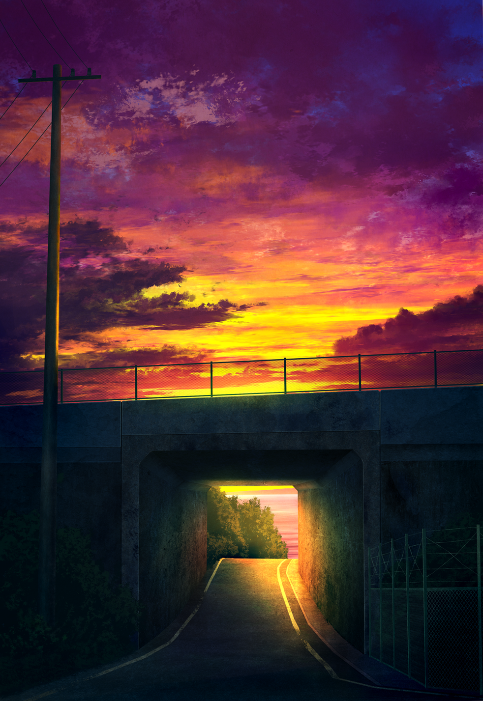 bridge bush clouds cloudy_sky commentary_request fence gradient_sky guard_rail highres mks no_humans original outdoors power_lines purple_sky scenery sky sunset telephone_pole