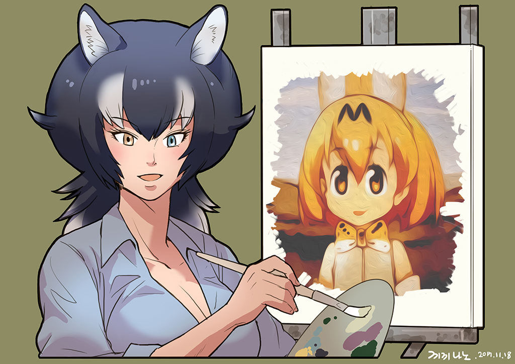 1girl 2017 :d afro alternate_hairstyle artist_name bangs black_hair blue_eyes blue_shirt bob_ross breasts canvas_(object) cleavage collarbone collared_shirt dated eyebrows eyebrows_visible_through_hair eyelashes facing_away fingernails gradient_hair green_background grey_wolf_(kemono_friends) hair_between_eyes heterochromia holding holding_paintbrush kemono_friends korean long_hair looking_at_viewer medium_breasts meme multicolored_hair open_mouth paint paintbrush palette roonhee serval_(kemono_friends) shirt simple_background smile tatsuki_(irodori) the_joy_of_painting tsurime two-tone_hair upper_body white_hair yellow_eyes