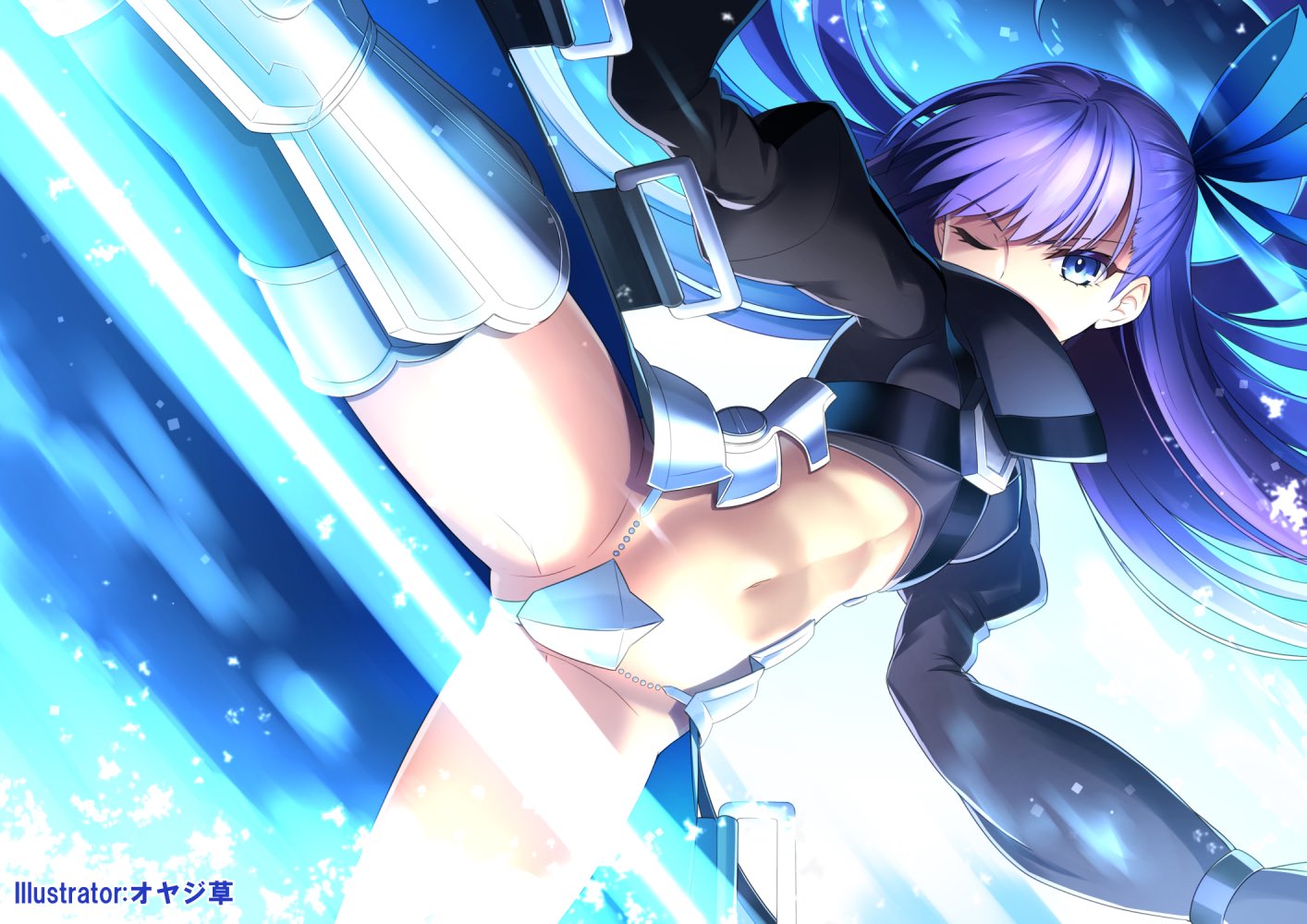 1girl armor artist_name bangs black_blouse blouse blue_eyes blue_ribbon boots chains commentary_request crotch_plate eyebrows_visible_through_hair fate/extra fate/extra_ccc fate_(series) hair_ribbon juliet_sleeves leg_up long_hair long_sleeves looking_at_viewer meltlilith one_eye_closed oyaji-sou puffy_sleeves purple_hair ribbon solo standing standing_on_one_leg