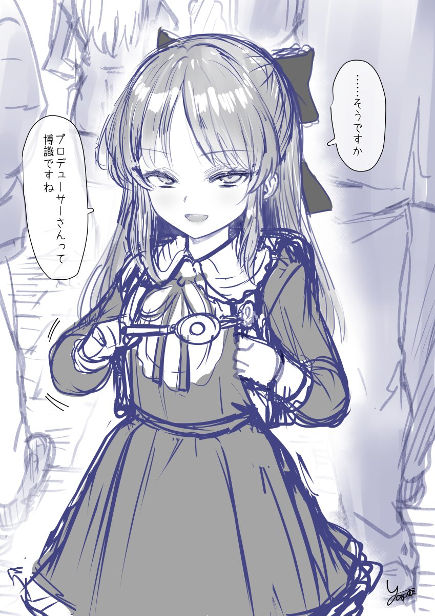 bow collared_dress crime_prevention_buzzer dress hair_bow half-closed_eyes highres holding_strap idolmaster idolmaster_cinderella_girls long_hair looking_at_viewer monochrome neck_ribbon ribbon sidelocks sketch smile solo_focus speech_bubble translation_request yapo_(croquis_side)