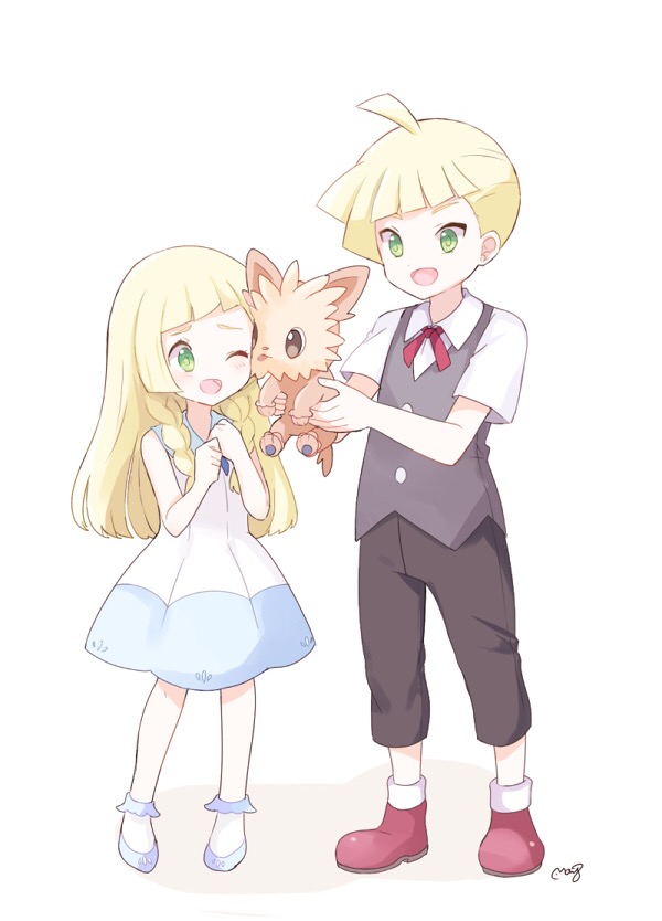 1boy 1girl ;d ahoge bare_arms bare_shoulders black_pants black_vest blonde_hair braid brother_and_sister dress full_body gladio_(pokemon) green_eyes height_difference holding lillie_(pokemon) lillipup long_hair mei_(maysroom) one_eye_closed open_mouth pants pokemon pokemon_(anime) pokemon_(creature) pokemon_sm_(anime) red_footwear shirt shoes short_hair short_sleeves siblings simple_background sleeveless sleeveless_dress smile standing straight_hair tongue tongue_out twin_braids vest white_background white_dress white_footwear white_shirt younger