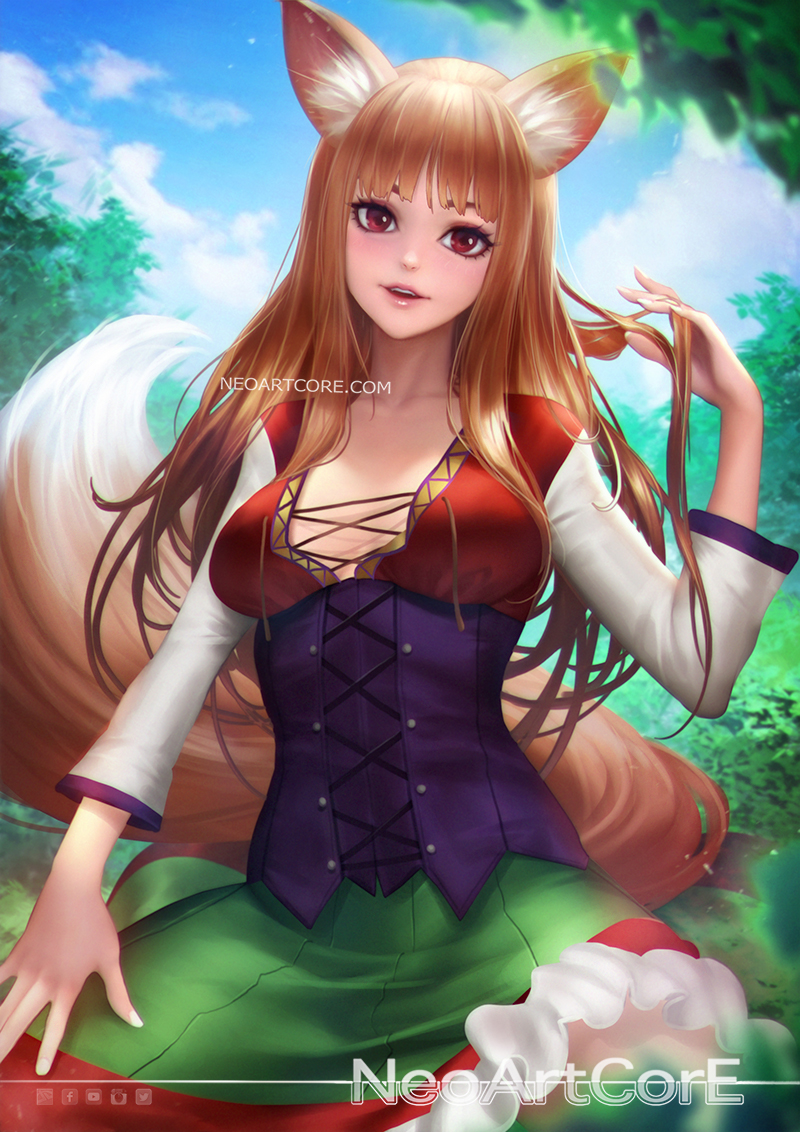 1girl animal_ears artist_name blue_sky brown_eyes brown_hair dress holo leaf long_hair looking_at_viewer nudtawut_thongmai sky smile solo spice_and_wolf tail tree watermark web_address wolf_ears