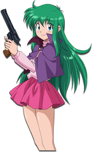 1girl 80s ayanokouji_rem blue_eyes dream_hunter_rem eyebrows_visible_through_hair green_hair gun handgun holding holding_gun holding_weapon long_hair official_art oldschool petticoat skirt smile solo transparent_background two-handed weapon
