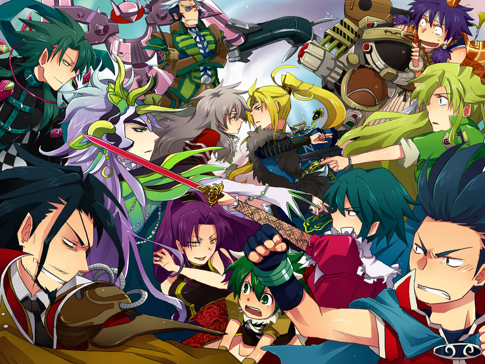 asellus_(saga_frontier) blue_(saga_frontier) blue_eyes breasts commentary_request em_crazy emilia_(saga_frontier) everyone gloves long_hair lute_(saga_frontier) mecha multiple_boys multiple_girls orlouge red_(saga_frontier) riki_(saga) rouge_(saga_frontier) saga saga_frontier short_hair t260g_(saga)