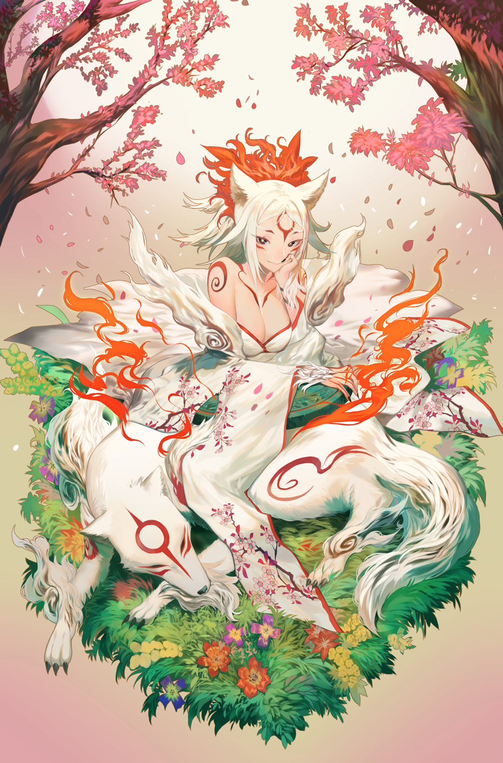 1girl amaterasu animal_ears bare_shoulders black_eyes black_nails bodypaint breasts bright_pupils claws cleavage closed_mouth detached_sleeves dress facial_mark faux_figurine fire flame floral_print flower forehead_mark gradient gradient_background grass highres humanization large_breasts long_hair long_sleeves looking_at_viewer nail_polish on_grass ookami_(game) petals print_sleeves salmon88 sleeping smile strapless strapless_dress tree tsurime white_dress white_fur white_hair wide_sleeves wolf wolf_ears
