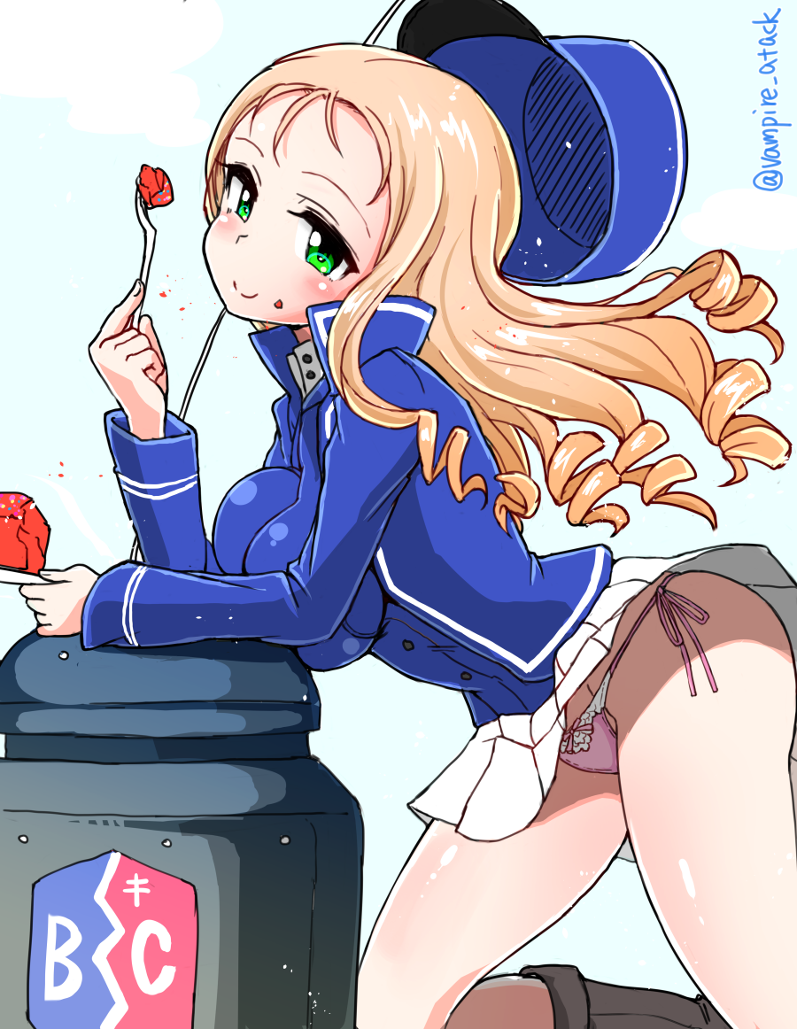 1girl alternate_eye_color bc_freedom_(emblem) blonde_hair blue_hat blue_jacket blue_vest bow bow_panties breast_press breasts cake closed_mouth commentary_request drill_hair food food_on_face fork from_side futaba_yodoyume girls_und_panzer green_eyes hat hat_removed headwear_removed high_collar jacket kneeling long_hair long_sleeves looking_at_viewer marie_(girls_und_panzer) medium_breasts military_hat miniskirt panties pink_panties plate pleated_skirt shako_cap shirt side-tie_panties skirt smile solo standing twitter_username underwear vest white_shirt white_skirt wind wind_lift