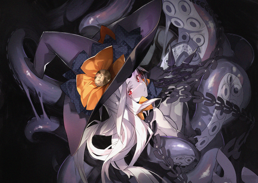 1girl abigail_williams_(fate/grand_order) bikini black_background black_bikini black_gloves boots bow fate/grand_order fate_(series) furisuku gloves glowing glowing_eyes hat hat_bow holding holding_weapon light_smile long_hair looking_at_viewer looking_up orange_bow pale_skin polka_dot polka_dot_bow red_eyes solo suction_cups swimsuit tentacle weapon white_hair witch_hat