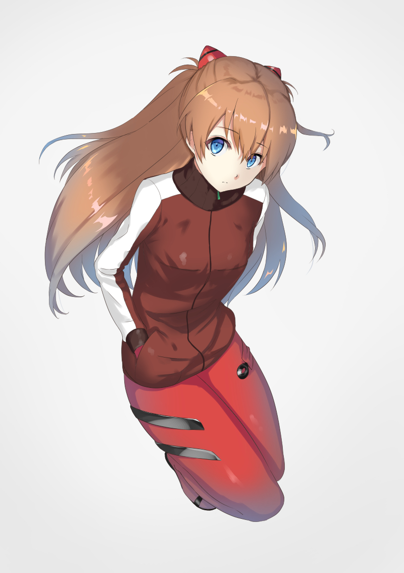 1girl blue_eyes bodysuit bodysuit_under_clothes breasts brown_hair evangelion:_3.0_you_can_(not)_redo hand_in_pocket jacket long_hair long_sleeves looking_at_viewer mkt neon_genesis_evangelion plugsuit rebuild_of_evangelion red_bodysuit simple_background small_breasts solo souryuu_asuka_langley track_jacket turtleneck