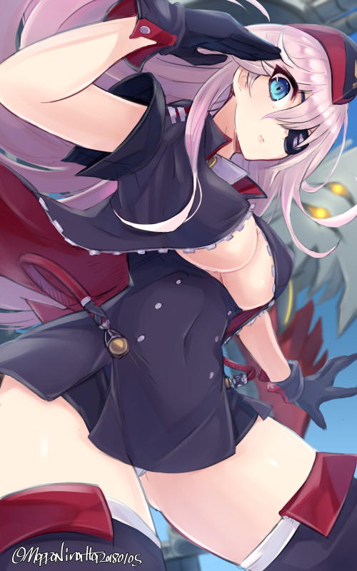 1girl 2018 azur_lane bangs black_dress black_eyepatch black_gloves black_hat black_legwear blue_eyes blurry breasts buttons closed_mouth covered_navel cowboy_shot dated depth_of_field dress eyepatch eyes_visible_through_hair facing_away garrison_cap gloves hair_between_eyes hat legs_apart lips long_hair machinery mappaninatta medium_breasts panties pantyshot pantyshot_(standing) pink_hair pink_lips popped_collar scharnhorst_(azur_lane) short_dress short_sleeves solo standing straight_hair thigh-highs tsurime turret twitter_username under_boob underboob_cutout underwear unzipped white_panties zettai_ryouiki zipper