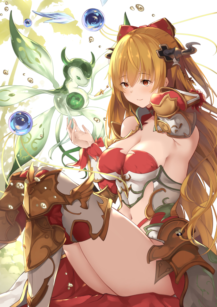 1girl arm_up armor armored_boots armored_dress bangs bare_shoulders blonde_hair boots bow breasts cleavage closed_mouth commentary_request eyebrows_visible_through_hair gauntlets granblue_fantasy hair_bow hair_ornament hand_behind_head horns legs_up long_hair medium_breasts navel navel_cutout ponytail red_eyes sitting smile solo suzuame_yatsumi thigh-highs thigh_boots very_long_hair vira